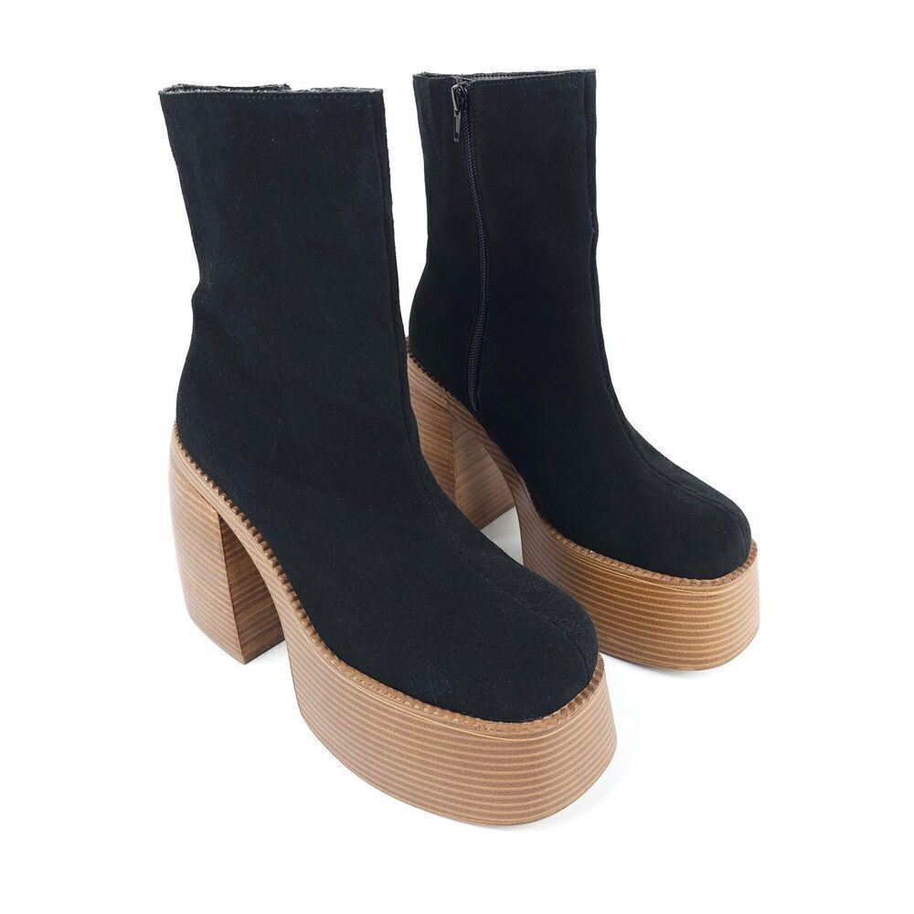 URBAN OUTFITTERS Anna Platform Gogo Boots Black Suede Leather 90s Boho Grunge 9 - Picture 3 of 11